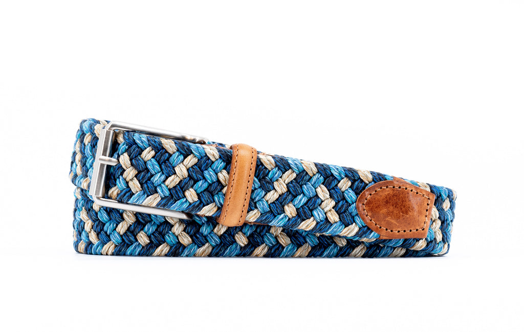 Como Braided Italian Linen and Elastic Belt - Navy/Marine Multi with Bridle Leather Trim