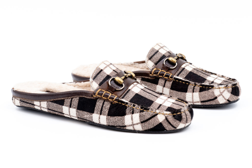 Cozy Country "Hair On" Plaid Print Leather Slides - Black/White