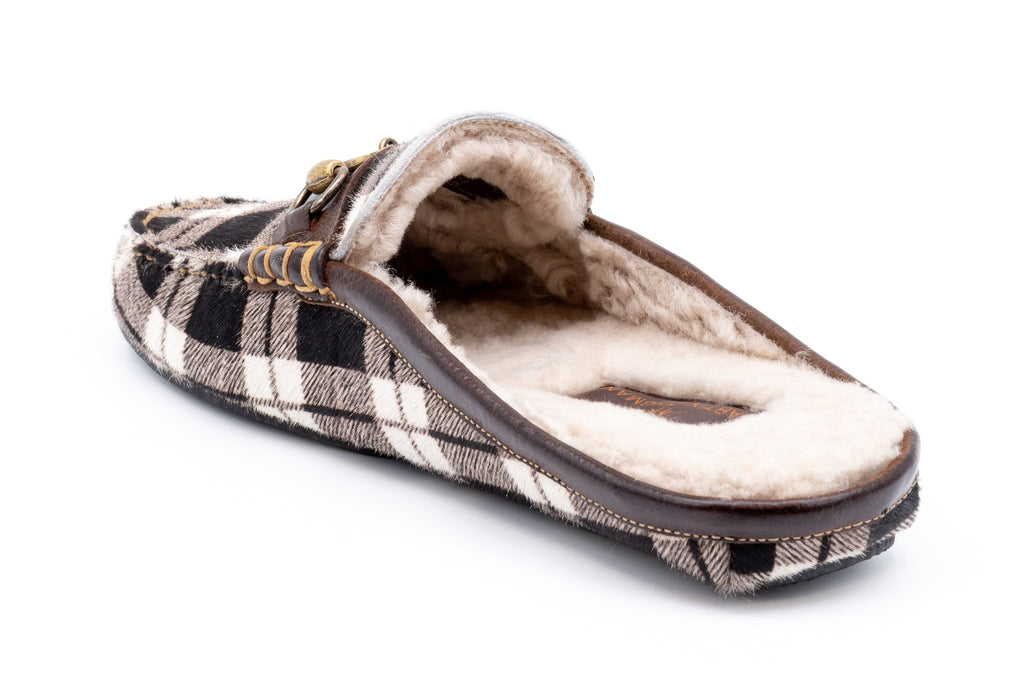 Cozy Country "Hair On" Plaid PrintLeather Slides - Black/White - Back