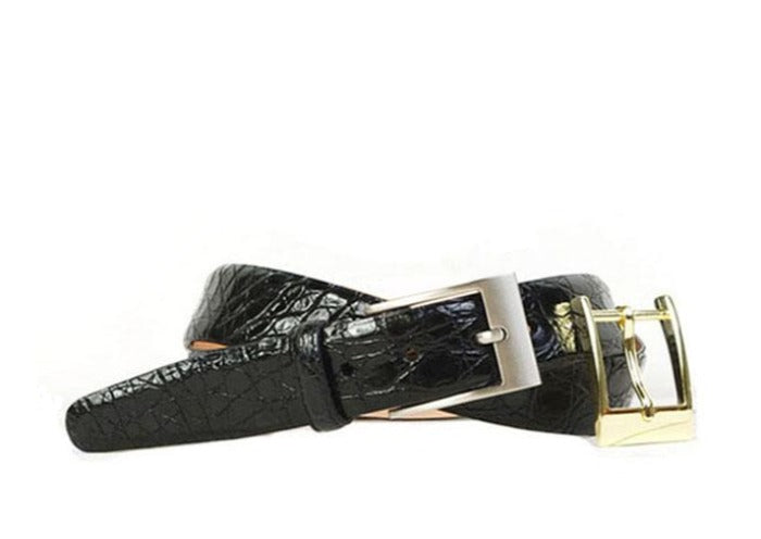 Delaney 2 Buckle Glazed Genuine Freshwater Crocodile Leather Belt - Black