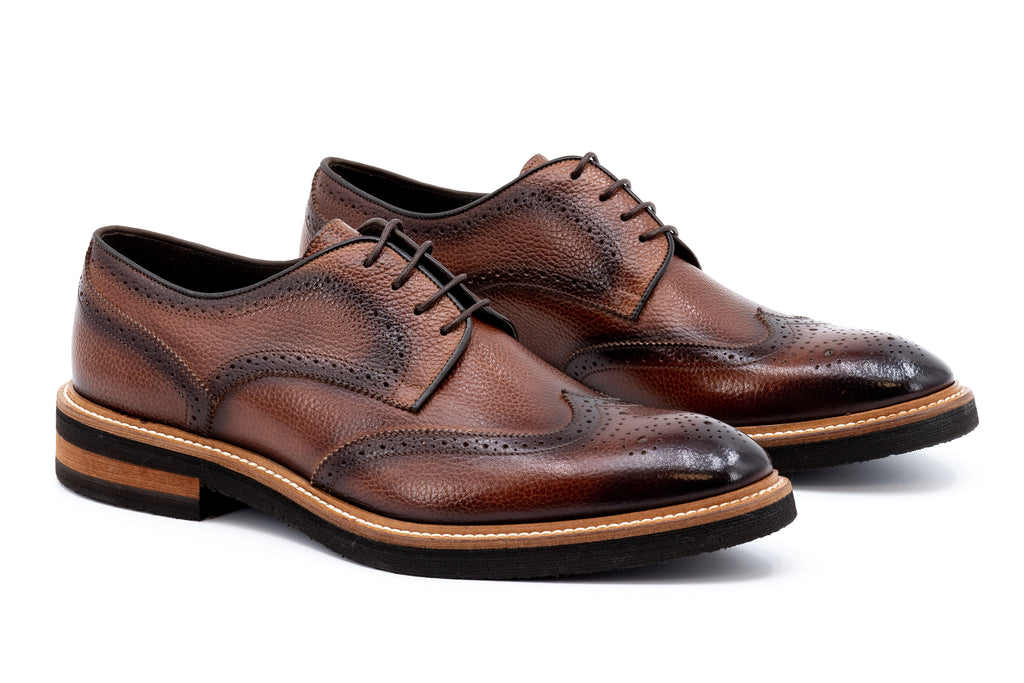 Tuscan Hand Finished Italian Pebble Grain Calf Leather Wingtip - Black Oak